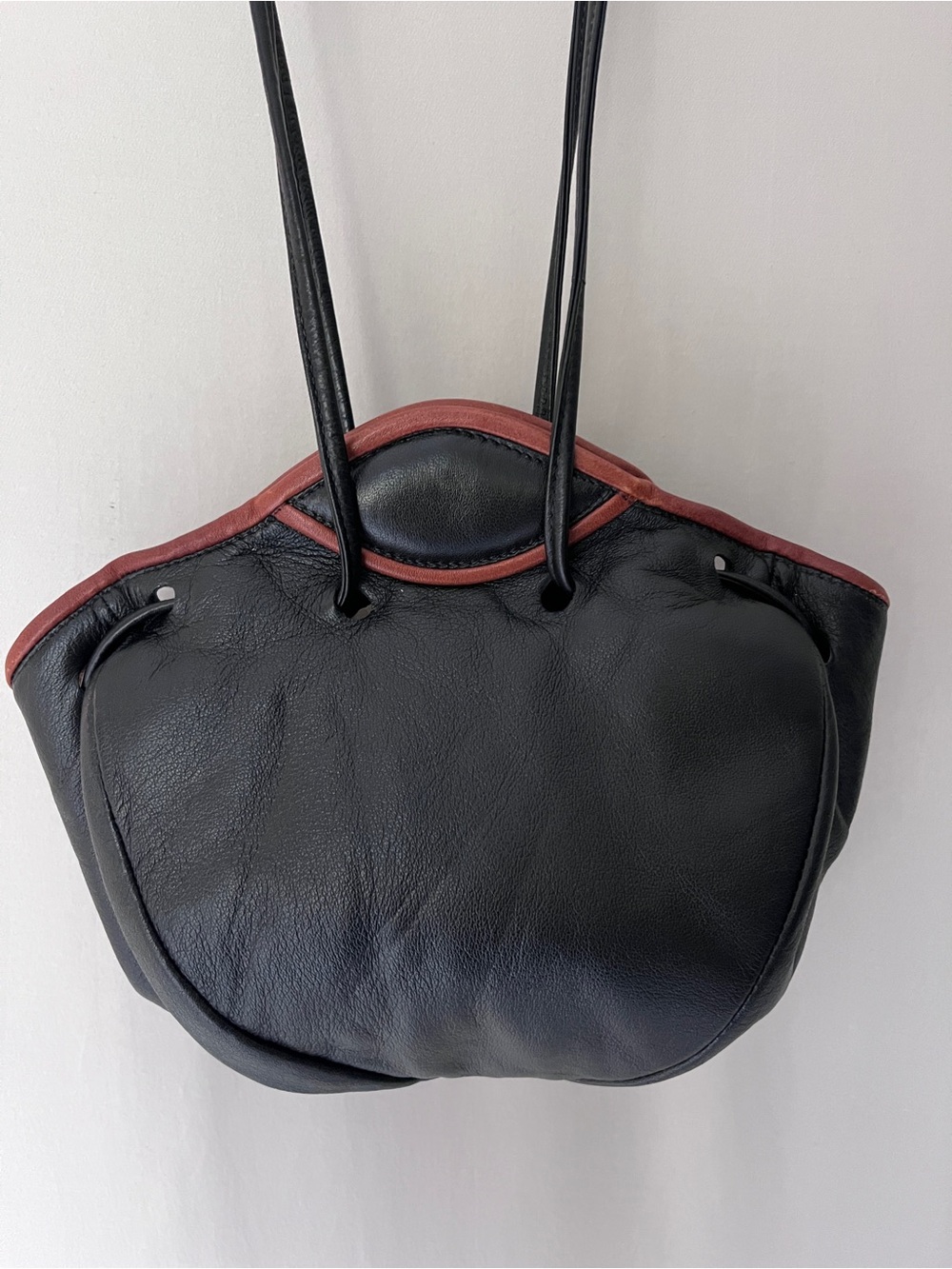 JoAnn Page Handmade Leather Bucket Bag Black Brown Trim Vintage USA